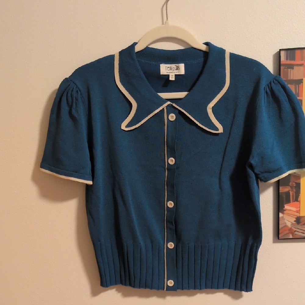 Unique Vintage Tulip B Blue Teal  Short Sleeve Cardigan with Cream Trim Size XL